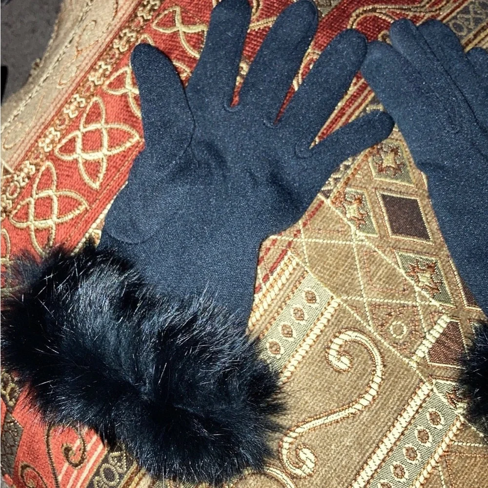 Black rabbit  Fur Trim Gloves black s-m